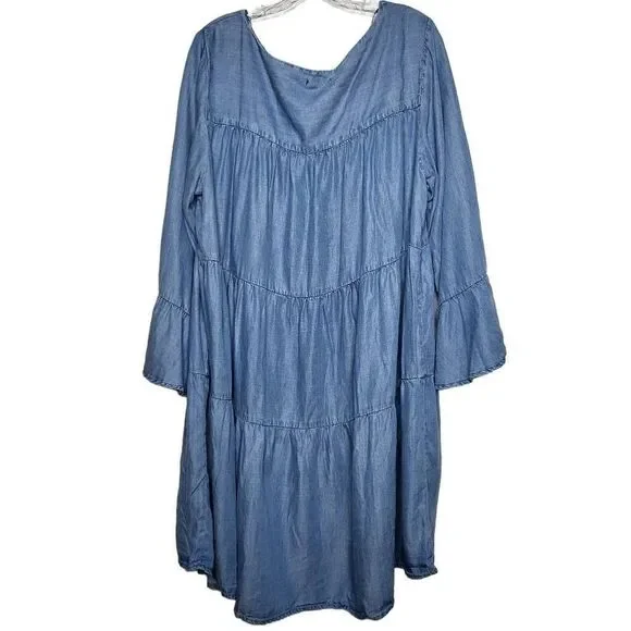 Elliott & Vine Blue Tiered Chambray Tencel Pearl Bell Sleeves Dress Size 3X - Picture 7 of 9